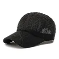 Women's black woven mesh baseball cap with breathable crochet texture for sun protection - One Size(Adjustable) / Black