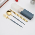 Blue and gold portable stainless steel cutlery set with storage case for travel - Type F Blue+Gold