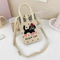 Detail of knitted cream crossbody bag featuring black cat embroidery and texture - 23-Cream Black Cat-BLACK CAT