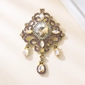 Vintage gold crystal brooch featuring amber gemstone and purple rhinestones with teardrop pendants - XD825018-3-Antique Gold Amber 3-Drop