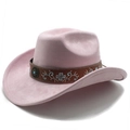 Close-up of pink suede cowboy hat with floral embroidered leather band and turquoise metal studs - M (56-58cm) / Pink