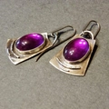 Vintage silver-plated drop earrings with purple oval stones and geometric textured finish - Purple
