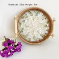 Handwoven rattan tray with white shell inlay pattern and wooden handles, 22cm diameter - Yellow Jade / Small 22x3cm
