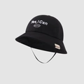 Close-up of black bucket hat featuring white embroidery and a side woven label - 50cm (1-3 Years) / Black