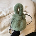 Grass green plush bucket bag with cute pom-poms and drawstring for winter style - Green