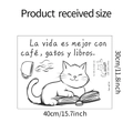Detail view of cartoon cat reading wall sticker with coffee cup and Spanish text - 30*40cm / Black
