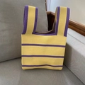 Handmade knitted tote bag featuring vibrant yellow and purple horizontal stripes design - Yellow Triple Stripes