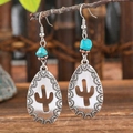 Bohemian silver teardrop earrings with cactus cutout and blue turquoise on branch - Teardrop Cactus Hollow (S1838)