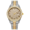Luxury hiphop quartz watch with gold-silver steel band and crystal Roman dial - Two-tone Roman Numerals