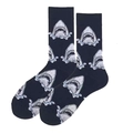 Dark blue crew socks featuring a repeating white and grey shark head pattern print - 38-46 / Dark Blue Shark Head (3742C)