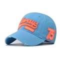 Detail of embroidered Always text and orange 75 patch on distressed blue cotton baseball cap - Adjustable / Blue