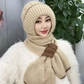 Winter knitted earflap hat and scarf set in beige with decorative button closure - Color Block Style / Off White