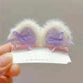 Cute plush cat ear hair clips with purple ribbon bows for girls on a white display card - One Pair / Purple