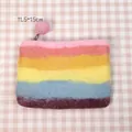 Macro detail of macaron rainbow wool felt coin purse with pink ball zipper pull - Macaron Small Coin Purse