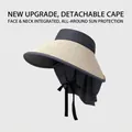 UPF 50+ sun hat in navy blue with straw brim and detachable neck protection cape - Straw Woven Shawl Protection Style / Grey & Beige