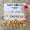 Set of 9 pairs golden alloy earrings including studs and textured hoops on card - Gold 9-Pair Set - All Gold Style
