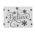 Detail of linen texture placemat featuring black snowflake and Believe lettering - CD27-5 (Believe Snowflake)