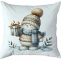 Taie d'oreiller blanche carrée avec bonhomme de neige doré et écharpe bleue pour Noël - Style 15