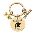 Detail of gold Class of 2026 graduation keychain with scroll and graduate cap pendants - Gold (k544)