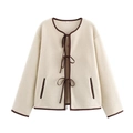 Cream long sleeve fleece jacket with brown lace-up bow ties and contrast trim - S / Off White