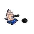 Cartoon metal pin featuring praying hands with a dagger and black rubber clutch - Praying Hands with Dagger