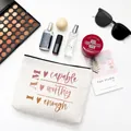 Canvas makeup bag with 'I AM capable' print and black zipper on a flat lay background - 25×18cm Style D (capable worthy enough)
