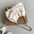 Chic beige soft PU leather cloud bag with chain strap and bow details - White