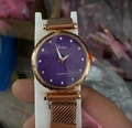 Elegant gold quartz watch with a purple crystal dial and gold mesh strap for women - Flower Purple (Triangle Hands)