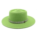 Close-up of green straw boater hat featuring a shimmering sequin band and a metal M charm - M (56-58cm) / Grass Green