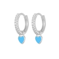 Detail of silver hoop earrings featuring blue enamel hearts and clear cubic zirconia - Silver - Sky Blue