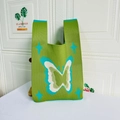 Green knit tote bag with blue butterfly pattern and star motif for daily commute - Stars Green Butterfly