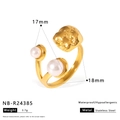 Adjustable golden stainless steel ring with irregular lava texture and two white pearls - Lava Geometric Asymmetric Pearl Style (NB-R24385)