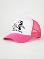 Detail view of pink trucker hat featuring star bear print and breathable mesh back - Adjustable / Rose Red
