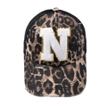 Distressed leopard print baseball cap with white chenille letter N patch and black mesh back - Letter N (Black Leopard)