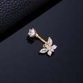 Macro shot of golden butterfly belly ring with sparkling white cubic zirconia - Double Ear Butterfly Gold
