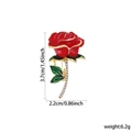 Elegant red enamel rose brooch with green leaves and white rhinestones in gold finish - Red Green Enamel Rhinestone Rose
