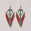 Bohemian style colorful beaded feather earrings with handcrafted tribal geometric patterns - Red Blue Yellow Black Ethnic