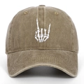 Close-up of rock hand skeleton embroidery on vintage washed cotton baseball cap - One Size / Khaki
