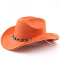 Detail of bright orange suede cowboy hat featuring a black cord with blue stone beads - Orange