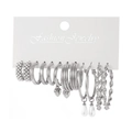 7-piece silver fashion earring set with hoops, pearls, and heart charms on display card - 7 Pairs Set-Silver Pearl Heart Teardrop