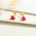 Detailed close-up of 18K gold plated heart stud earrings with magenta gemstone and butterfly back - Ruby Red Heart (ER1197-G)