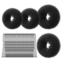 Macro view of assorted black mesh bun makers and metal U-shaped hair pins tools - 34-Piece Black Set / Black