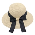 Detail of beige straw hat with wide brim and large black bow accent for beach vacations - Kids One Size Head Circumference 52cm / Beige
