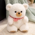 Cute off-white teddy bear plush toy wearing a classic red and white plaid scarf - White Bear / 25cm