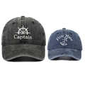 Detail of Captain and First Mate embroidery on washed cotton baseball caps for kids - Adjustable / Black Adult + Navy Child