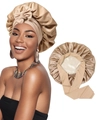 Detail of champagne satin hair bonnet with adjustable long ribbons for hair protection - M / Khaki
