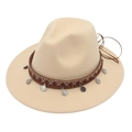 Detail of ethnic silver coins and woven straps on the beige wool fedora hat - Beige