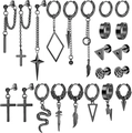 Variety set of black stainless steel earrings featuring cross, star, and snake charms - Black Punk Gothic Comprehensive Set (36026)