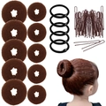 Brown sponge hair bun maker set with elastic bands and metal U-shaped pins on white background - 55-Piece Light Coffee Set / Light Coffee