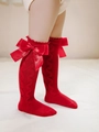 Red knee-high princess socks with cable knit pattern and large satin bows for girls - L / Red